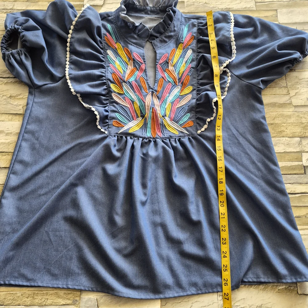 Fashion Blouse Size XL Denim Embroidered Boho Peasant Puff Sleeves Cottagecore - Picture 4 of 9